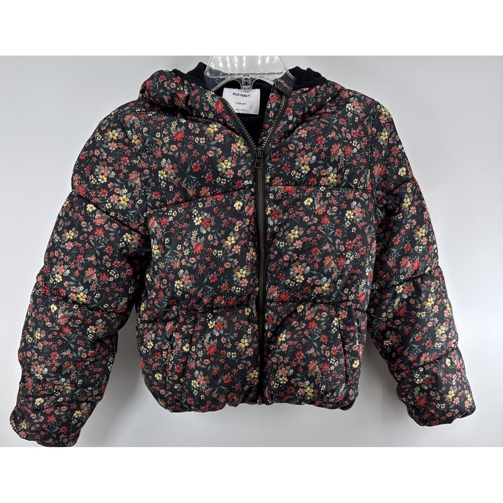 Old Navy Black Floral Cropped Puffer Jacket Girls Size L (10-12)